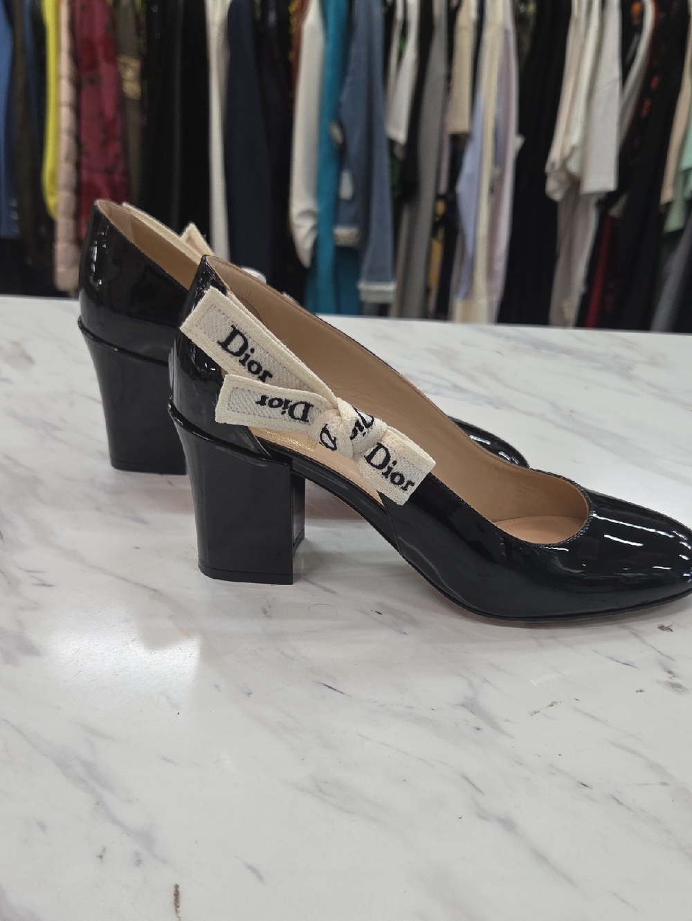 Dior Black Patent Leather Slingback Block Heels with Logo Strap